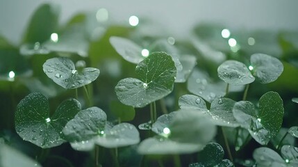 Fresh green plant close-up, water droplets and lights give a serene feeling