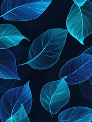A minimalistic illustration with simple shapes of various blue leaves, arranged in an abstract pattern on the left side, set against a dark background.