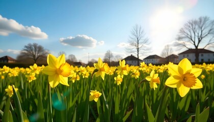 A landscape of a field of bright yellow daffodils. The sky is blue with a few white clouds scattered across it. The sun is shining brightly , creating a warm glow that illuminates the scene. 