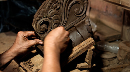 Dirty hands of worker making clay statue in Balinese style in dark workshop
