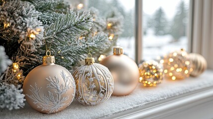 Christmas ornaments decorating a snowy windowsill with a frosted fir tree and lights
