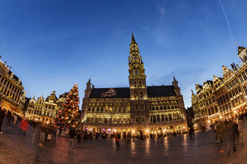 Brussels, main square at dusk : Christmas tree, illuminated gothic facades and Town Hall.