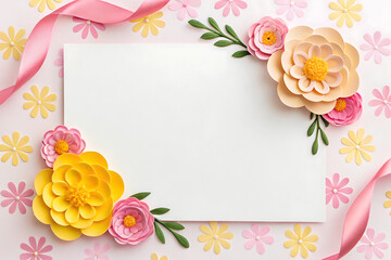 Blank card with paper flowers, pink ribbon