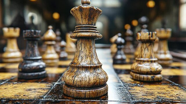 The Queen's Gambit: A close-up perspective on a vintage chess board, showcasing intricately carved wooden pieces including a regal queen. The game is on.