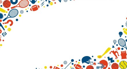 Obraz premium Sports Graphic Border White Background - A vibrant design featuring various sports equipment icons, perfect for banners, presentations, or websites. Symbolizing activity, competition, teamwork