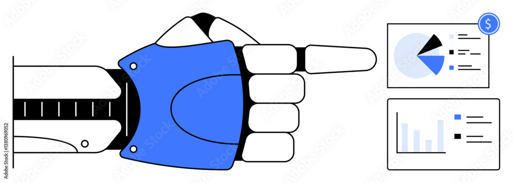 Aufkleber robotic hand extends to graphs including pie charts and bar charts, symbolizing automation, data ana