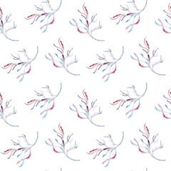 Elegant seamless pattern with watercolor coral branches and delicate seaweeds in soft pink tones on white. Hand drawn marine botanical design for textiles, wallpapers, and ocean repeat texture.