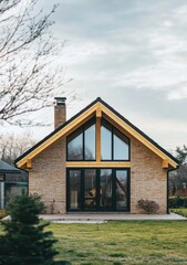 Obraz premium Modern brick house with large windows, featuring a sloped roof and stylish wooden accents, surrounded by a landscaped yard in a suburban neighborhood during late afternoon