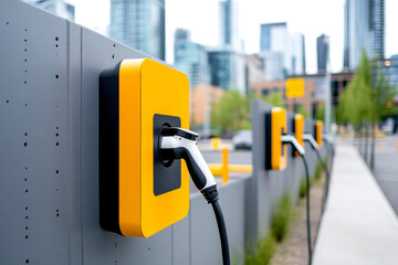 A modern electric vehicle charging station with a sleek design, set against a backdrop of urban buildings and greenery.