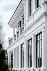 Fototapeta premium Elegant white mansion showcasing modern architectural design with large windows and detailed balcony railings surrounded by greenery in a serene setting during the afternoon light