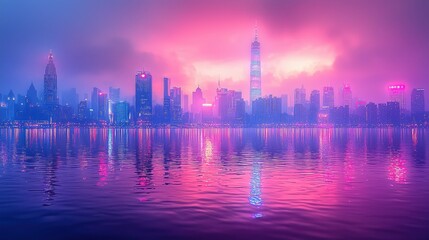 Obraz premium Neon Cityscape Reflection: A Dreamlike Urban Panorama