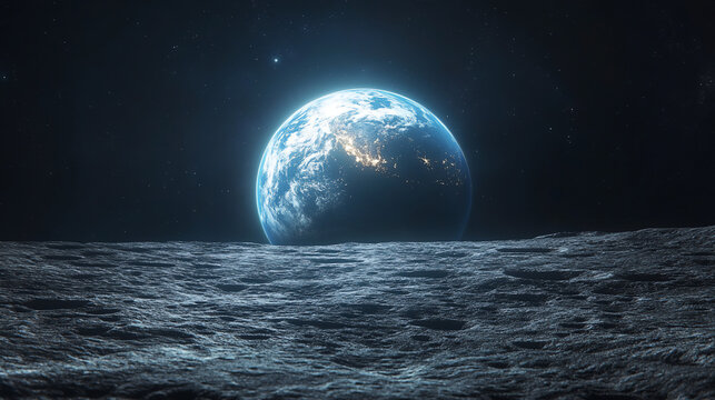 A stunning high-resolution image of Earth rising over the Moon's horizon, with the lunar surface stretching into the distance.