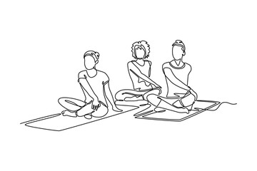 multi-ethnic people during yoga class seated in lotus position performing Easy Twist Pose. Community focused concept. Single line draw design. Vector graphic illustration