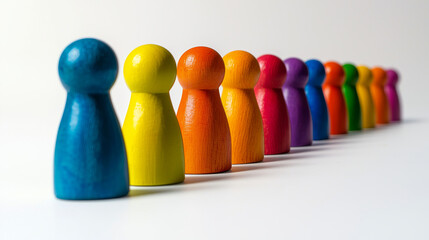 Colorful wooden figurines lined up in row, showcasing vibrant spectrum of colors. These playful shapes evoke sense of creativity and fun
