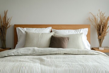 The bedroom exudes comfort and warmth, featuring a cozy setup adorned with neutral-toned bedding and lush decorative plants that bring a touch of nature indoors