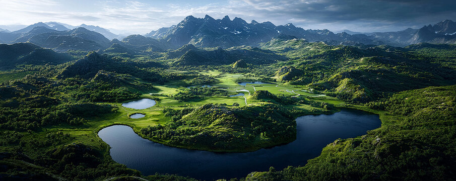 breathtaking aerial view of lush green landscape featuring rolling hills, serene lakes, and majestic mountains background, evoking sense