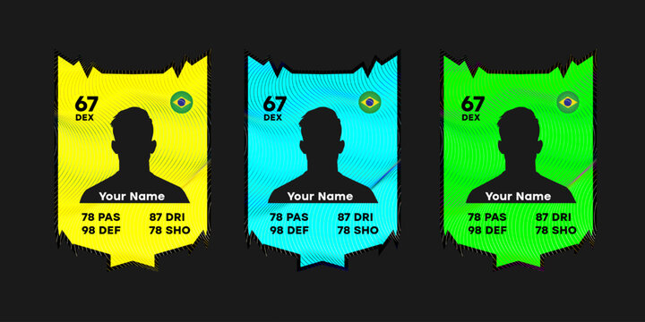 Custom football player card template with silhouette and Brazil flag. Three color variations: yellow, blue, and green. Editable design for gaming profile or sports ranking concept - Powered by Adobe