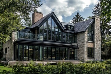 Obraz premium Modern architecture meets nature with expansive glass walls and natural stone exterior in a serene garden setting on a sunny day