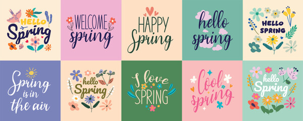 Naklejka premium Collection of Hello Spring inscriptions. Handmade springtime text quotes. Handwritten Hello Spring text banner concept. Vector lettering for greeting cards, seasonal designs, and typography projects. 