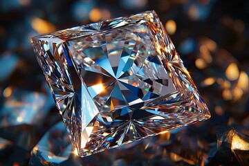 A sparkling princess cut diamond reflecting ambient surrounding light