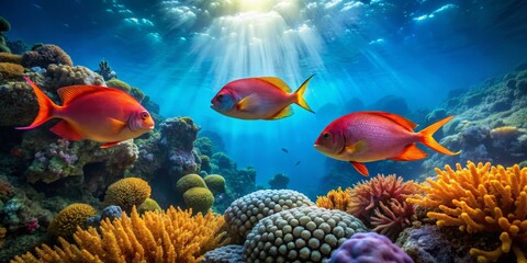 Obraz premium Colorful Tropical Fish Swimming Over Vibrant Coral Reef Scene