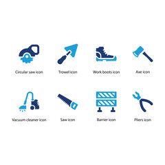 Obraz premium Circular saw, Trowel, Work boots, Axe, Vacuum cleaner, Saw, Barrier, Pliers, Blue Icon Set