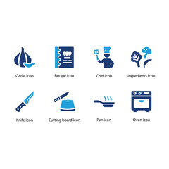 Garlic, Recipe, Chef, Ingredients, Knife, Cutting board, Pan, Oven, Blue Icon Set
