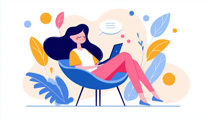 Obraz premium woman sitting comfortably chair, using laptop while enjoying relaxed atmosphere. scene features colorful leaves and abstract shapes, creating