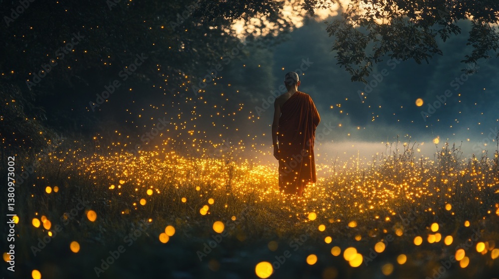 Poster A serene monk stands amidst a field of sparkling fireflies as twilight descends. The gentle glow creates a magical atmosphere in this peaceful natural setting, inviting reflection and calm