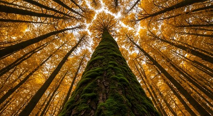 Golden Canopy Cathedral Autumnal Embrace of Light Moss Giant Sunlit Forest Heartbeat Reaching For Sunlight Amber Hues and Ancient Moss Whispers of the Woods AI Generated