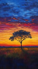 Obraz premium A large, open savannah with a lone acacia tree silhouetted against a colorful sunset