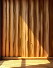 Obraz premium Textured bamboo wall, vertical slats, natural light, warm tones, vertical, photo, interior