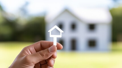 Naklejka premium Hand holding miniature white house with green lawn, symbol of homeownership and real estate investment