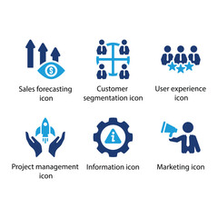 Sales forecasting, Customer segmentation, User experience, Project management, Information, Marketing, Blue Icon Set © Tithy