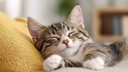 A relaxed cat being held securely by its owner, paws stretched out, cozy home ambiance in the background.