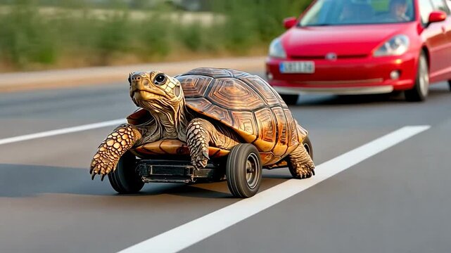 A tortoise riding a small cart on a road while a red car drives by in the background
