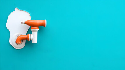 Fototapeta premium Old Orange Water Spigot on Weathered Turquoise Wall