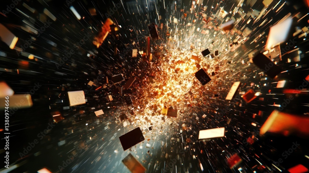 Poster floating rectangles with bright light and dynamic movement creates an explosion