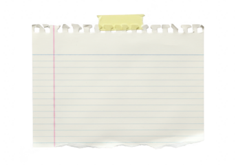 A piece of lined notebook paper with torn bottom and top edges isolated on transparent background