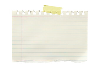 A piece of lined notebook paper with torn bottom and top edges isolated on transparent background