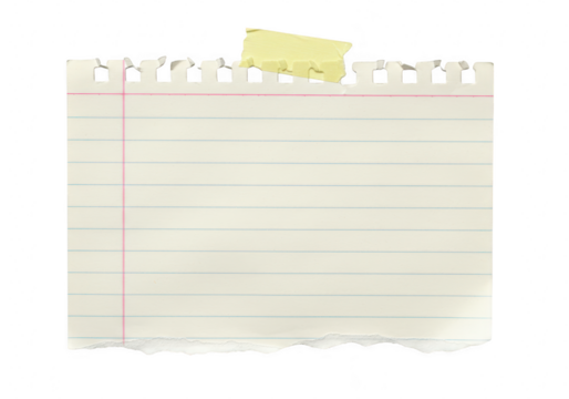 A piece of lined notebook paper with torn bottom and top edges isolated on transparent background
