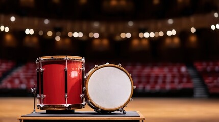 Orchestra music Concept, Set of Timpani Drums Positioned at the Rear of an Orchestra Stage for Performance Setting