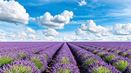 Fototapeta premium Vast Lavender Fields Under a Vivid Blue Sky with Fluffy Clouds