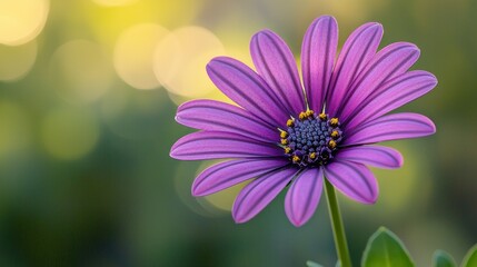 A purple flower with yellow centers sits in a green field