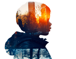 Urban Silhouette of Child in Sunset Overlay Against Cityscape Isolate on Transparent Background