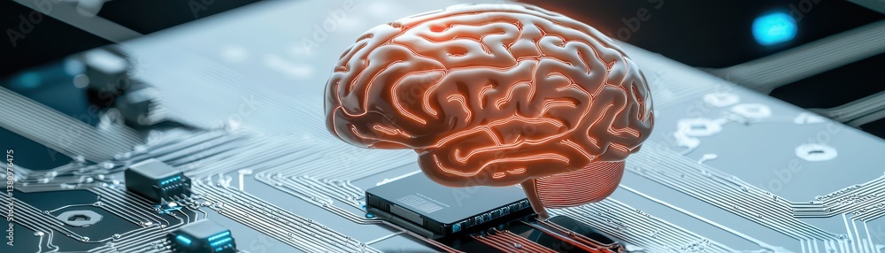 Poster illuminating innovation, brain on circuit exploring the synergy of human intelligence and artificial