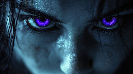 Mysterious violet glowing eyes gazing with arcane wisdom and deep magic. Perfect for mystic-themed covers, posters, or fantasy character art