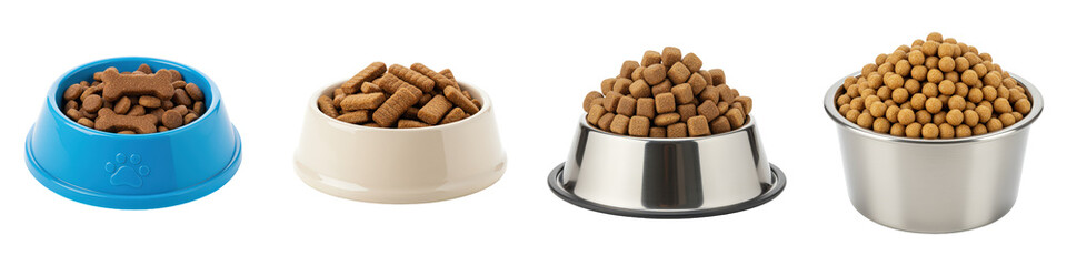 Four bowls filled with various dry dog food.