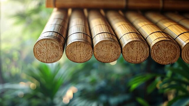 Zen Bamboo: Close-up perspective of a bamboo structure, harmoniously blending with the vibrant foliage of a tropical garden, creating a sense of tranquility and serenity.
