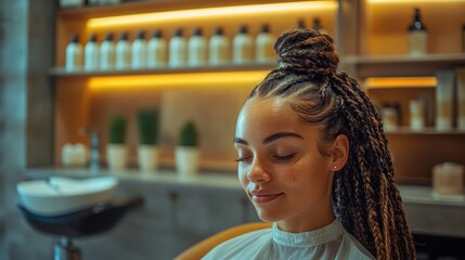A woman with braided hair receiving a deep conditioning treatment in a chic urban salon, with warm lighting creating a cozy, hydration-focused atmosphere.